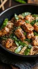 Spicy garlic chicken with pasta and vegetables, food photography