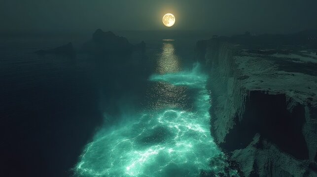 Moonlit coastal cliffs, glowing ocean, night