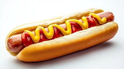 A mouthwatering hot dog is elegantly displayed on a clean white surface, generous layers of ketchup and mustard artistically swirled on top. This delicious treat invites flavor exploration