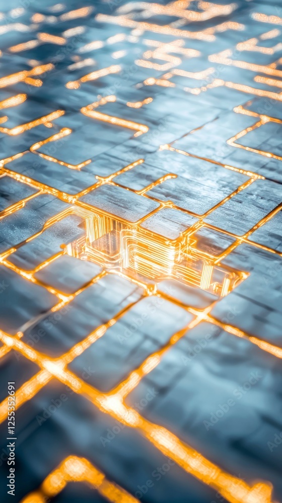 Poster abstract metallic circuit board grid with glowing orange lines