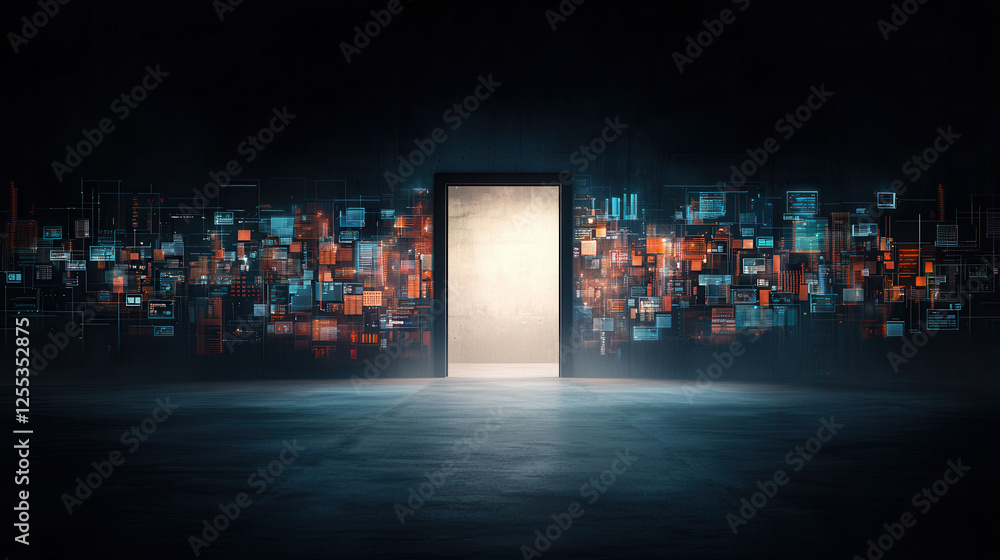 Wall mural futuristic door opens to digital world, symbolizing innovation and opportunity. vibrant colors and abstract patterns evoke sense of exploration