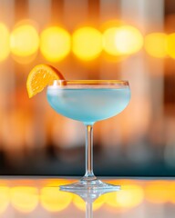 Neon Cocktail Vibes Elegant Coupe with Blue Mix and Citrus on Glass Counter - Luxury Mixology Visuals and Modern Bar Ambiance Marketing
