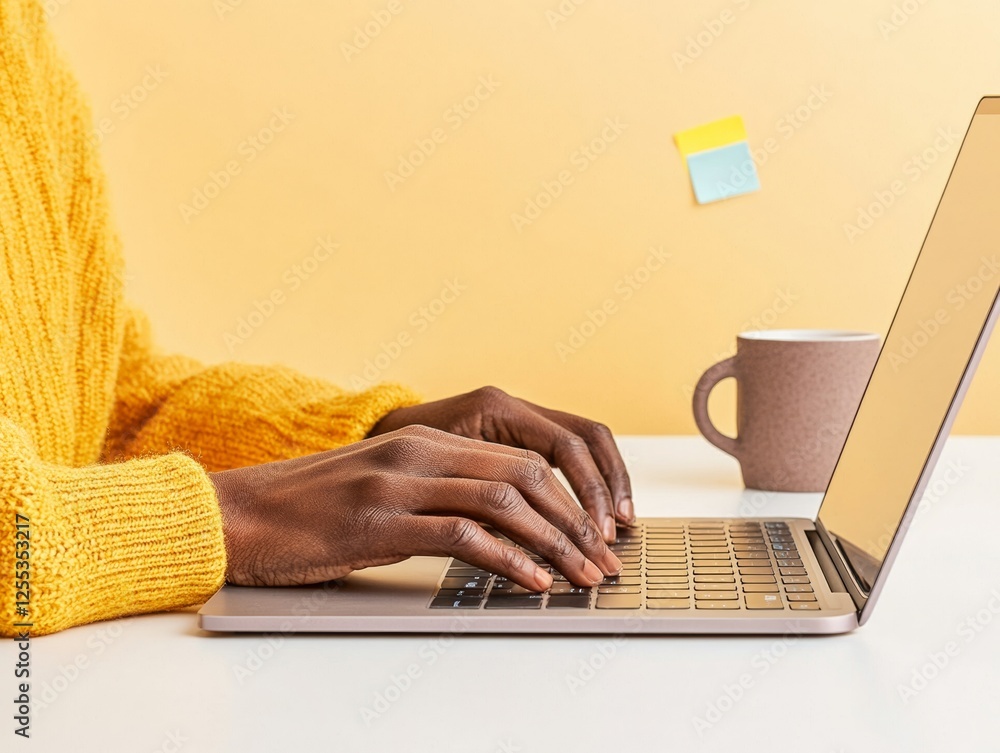 Poster diverse remote workforce hands typing on an inclusive laptop with textured keyboard for dynamic gig 