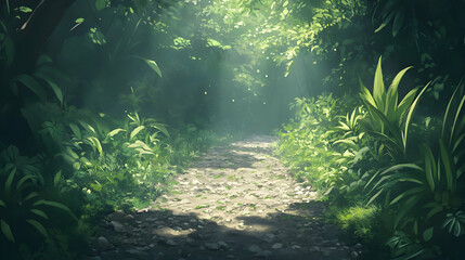 Fototapeta premium Sunlit Path Through Lush Forest: A Tranquil Nature Scene