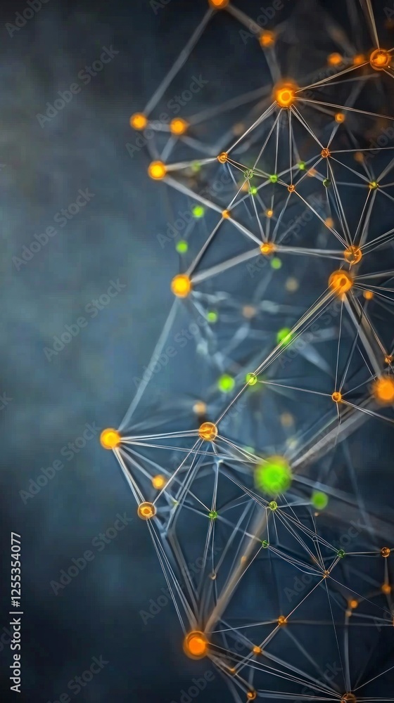 Poster abstract network connection: orange and green nodes on dark background