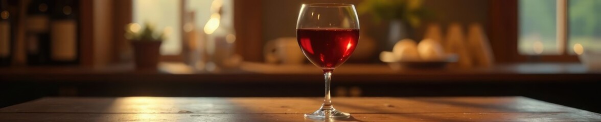 Elegant wine glass with red liquid on wooden table, ambiance, elegant