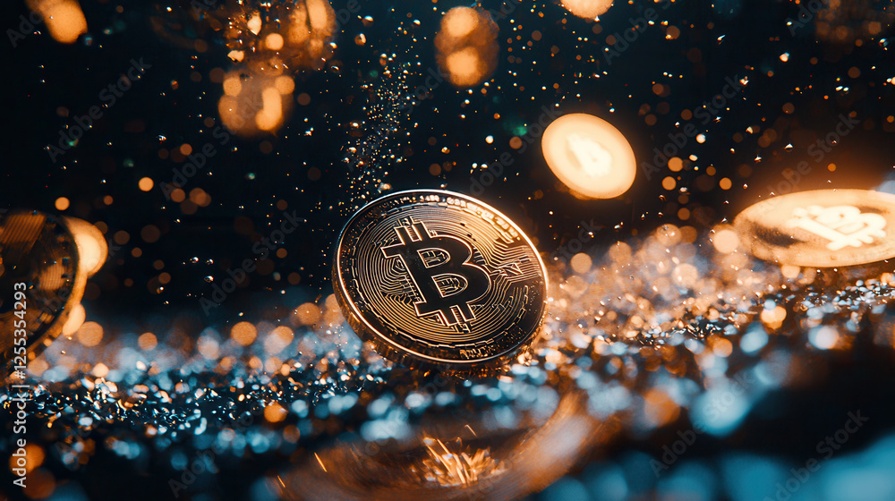 Poster digital currency concept with floating bitcoin coins and glowing particles, symbolizing future of fi