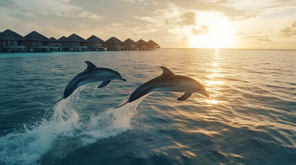 Fototapeta premium Two Dolphins Jumping at Sunset Over Water Villas