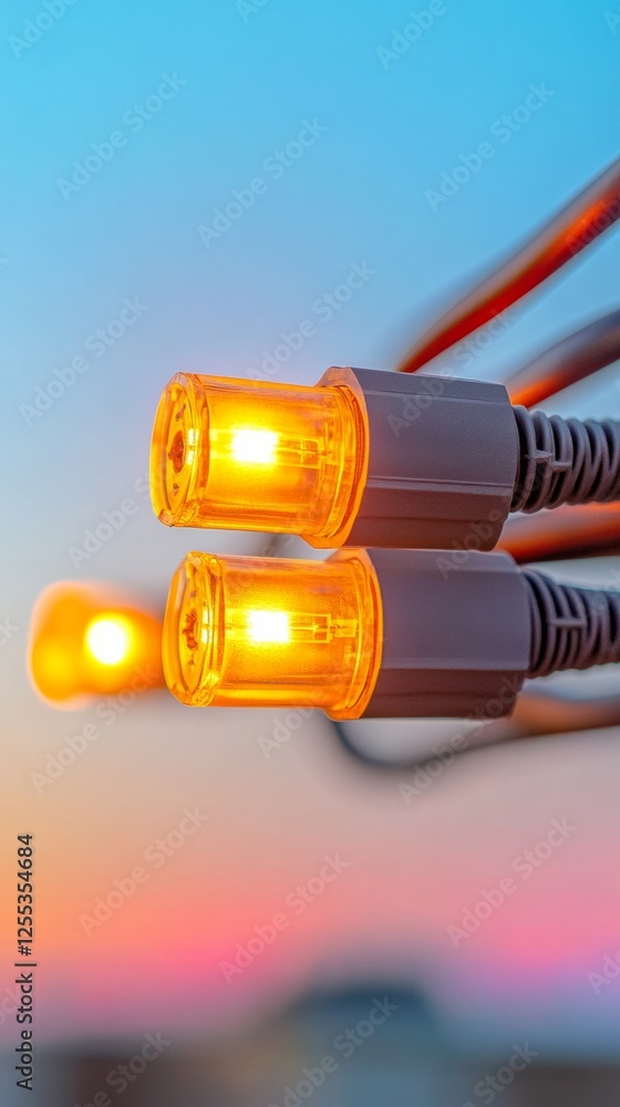 Poster Neon Tech Aesthetic Vibrant Network Cables with LED Indicators Against Warm Sky - IT Infrastructure for Futuristic Digital Operations and Efficient Data Center Management