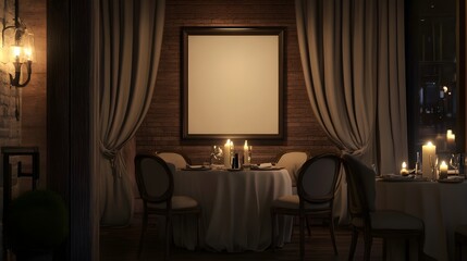 A romantic candlelit restaurant with soft drapery, cozy seating, and a blank framed canvas.