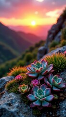 Sedum succulents on a rocky outcropping at sunset, rock garden, stonecrop, hylotelephium