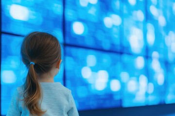 Obraz premium Toddler Girl Captivated by Digital Screens Displaying Blue Visuals