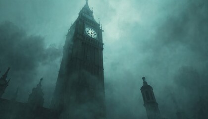 Big Ben shrouded in eerie fog, a timeless gothic architectural silhouette