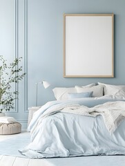 A romantic, airy bedroom with a powder-blue color scheme and a framed blank canvas.