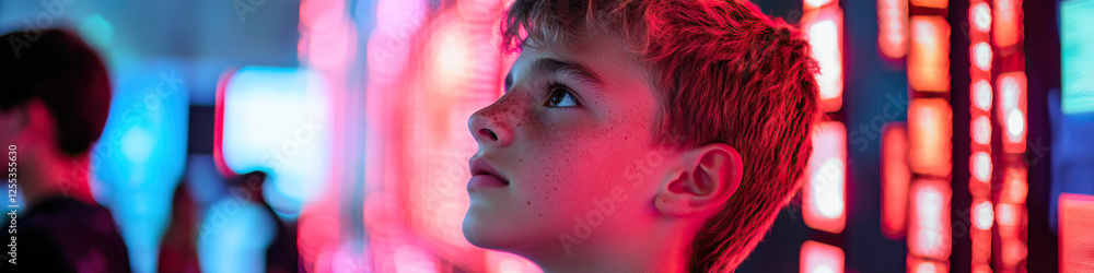 Aufkleber portrait of boy in front of illuminated panels