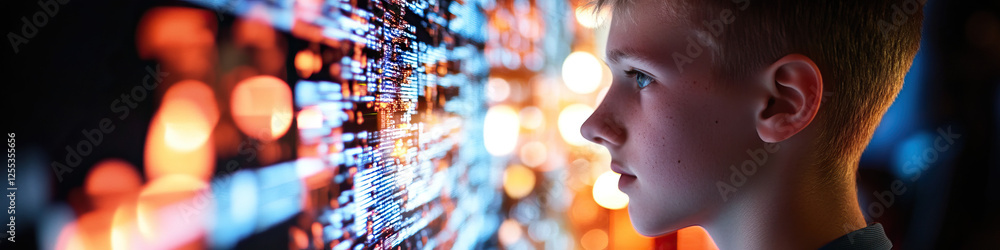 Poster boy observing computer code on illuminated screen