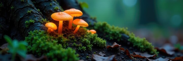 Fototapeta premium Fungal growth on tree roots with tiny glowing mushrooms, mushrooms, mycelium