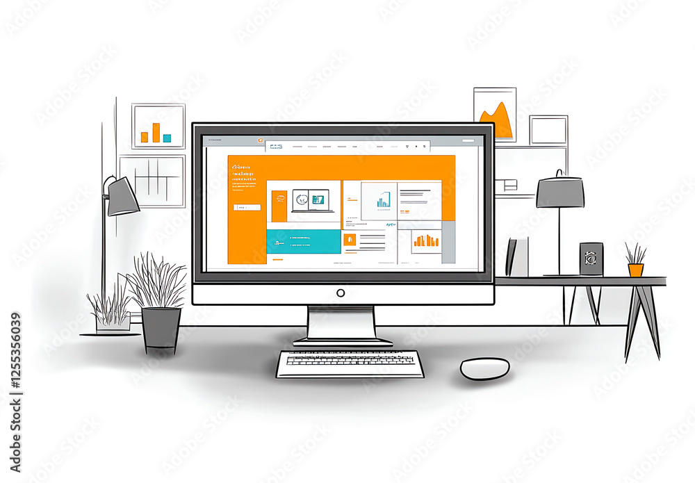 Fototapete a flat illustration of a person working on a computer in the foreground, with a large screen display