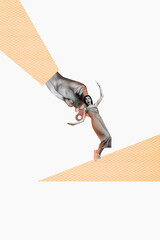 Exclusive art banner collage of shocked employee girl kidnapping win-up toy obey movement...
