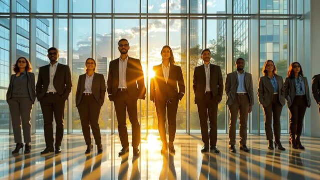 Power of Professionalism: A diverse ensemble of sharp-dressed professionals exudes confidence and determination as they stride purposefully through a modern architectural space.