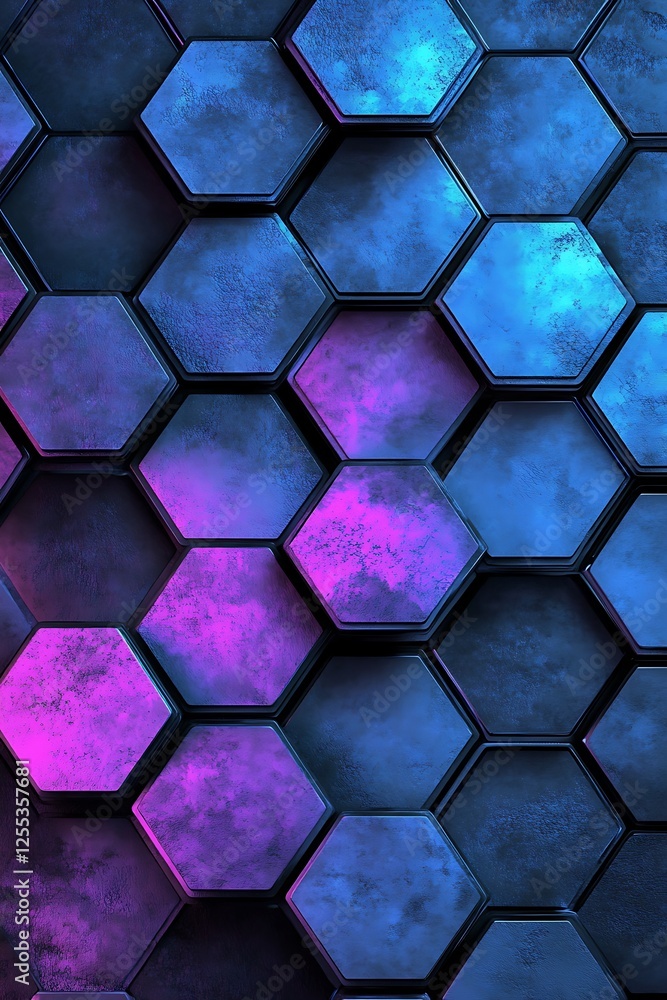 Poster sleek metallic hexagonal backdrop featuring a blend of dark gray, blue, and purple in a modern abstr