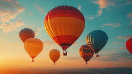 Obraz premium Colorful hot air balloons soar at sunrise over city