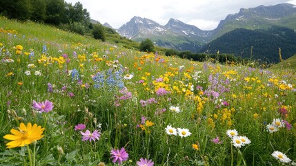 Obraz premium Colorful meadow with mountains in the background. Possible use Stock photo