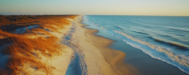 Golden hour on serene beach with rolling waves and sandy shores