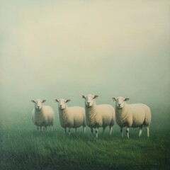 Fototapeta premium Sheep grazing in foggy pasture, tranquil scene, nature photography, ideal for calm mood