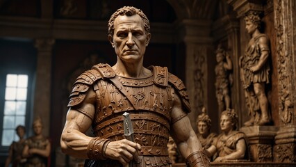A majestic wooden carving of Julius Caesar, depicted in full Roman armor with a laurel wreath and holding a sword, surrounded by Roman soldiers and the Roman Empire's symbols.