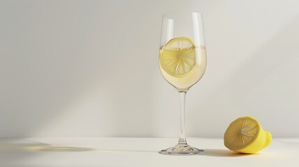 A clear wine glass filled with sparkling water and lemon slices on a white background