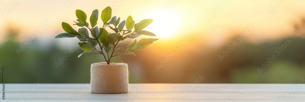 Canvas Prints Eco-Chic Wellness Display Potted Greenery on Sleek Wooden Surface Amidst Sunrise - Premium Sustainability Content and Modern Lifestyle Merchandising