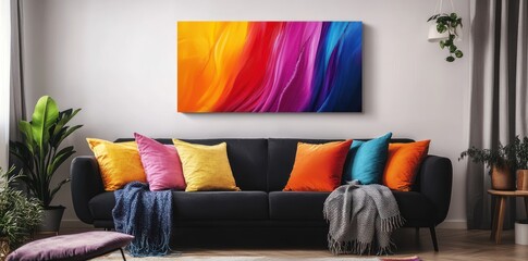 Abstract, colorful painting on canvas above a black sofa with rainbow pillows and a blanket in a minimalist living room interior.