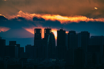 Shijuku skyline and mount Fuji during the sunset.