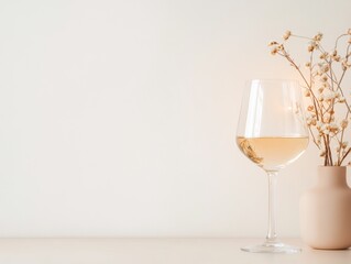 Fototapeta premium Contemporary Minimalist Wine Glass with Floral Arrangement Elegant Dining Setup for Luxury Hospitality and Modern Romantic Marketing Campaigns