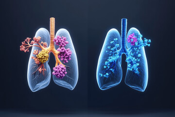 Detailed anatomical comparison of healthy lungs and cancerous lungs in medical illustration for educational purposes
