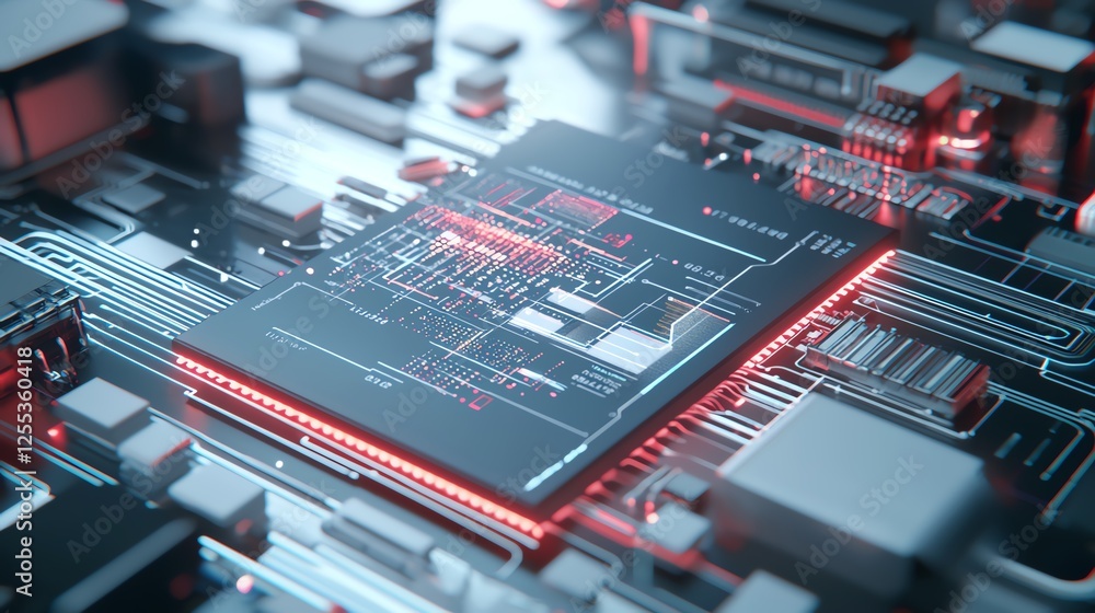Poster close-up of a modern microchip integrated on a circuit board, showcasing intricate technology and in