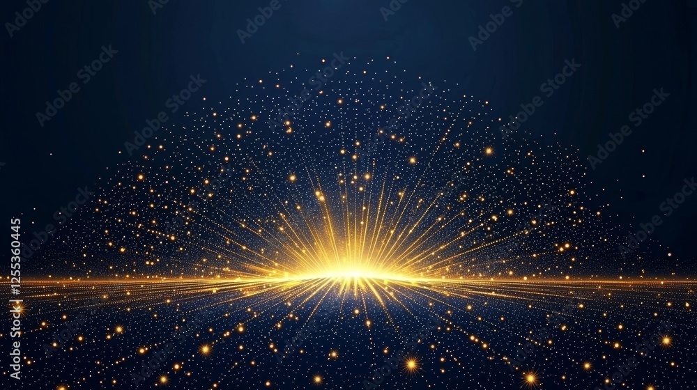 Poster radiant starburst frame with glowing golden and silver lines on deep navy gradient background