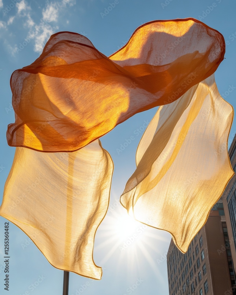 Poster Contemporary Unity Flags Translucent Textiles in Urban Architecture for Cultural Branding and Global Celebration Architectural Harmony and Civic Engagement in Modern Communities