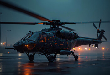 Helicopter on Wet Tarmac at Night with City Lights Glowing