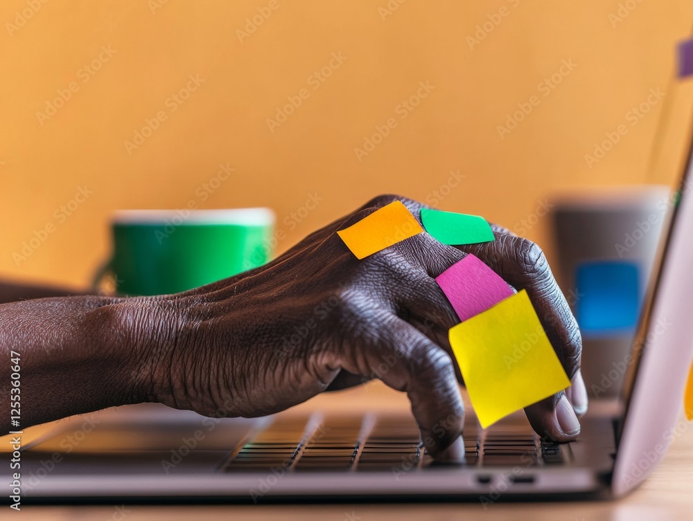 Poster Inclusive Workspace Aesthetics Diverse Hand Textures on Adaptive Laptops with Vibrant Sticky Notes and Ergonomic Office Mugs - Remote Business Efficiency