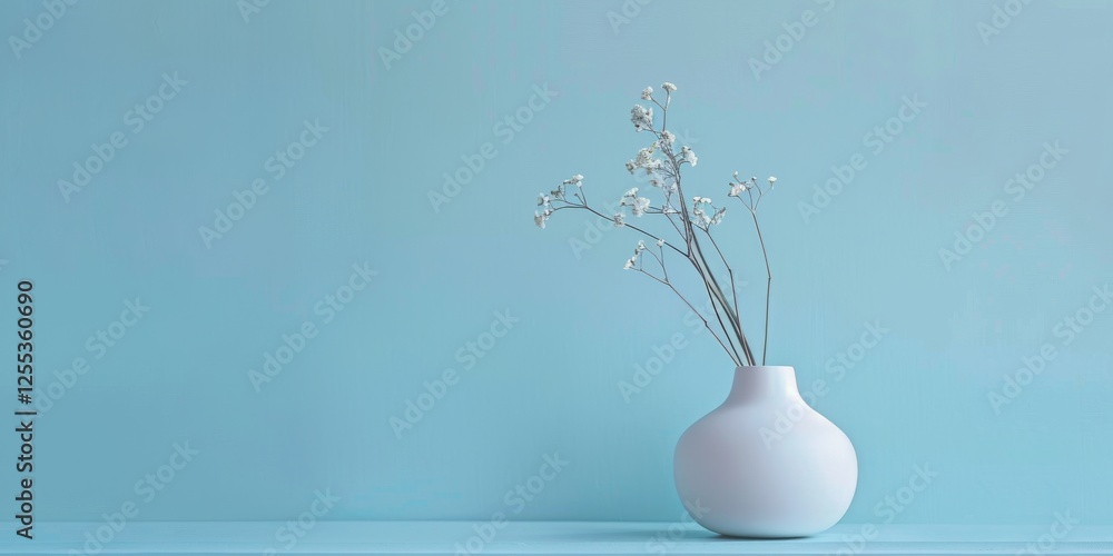 Poster a refined minimalist design with a light slate blue background, simple shapes and clean composition,