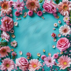 Spring or summer floral background featuring pink roses and chrysanthemums on a turquoise paper, arranged in a flat lay top view with a pattern frame. Perfect for spring concepts, Women's Day themes, 