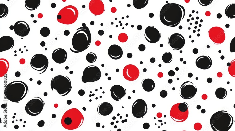 Poster abstract pattern with circular shapes and scattered small dots in black and red on white canvas