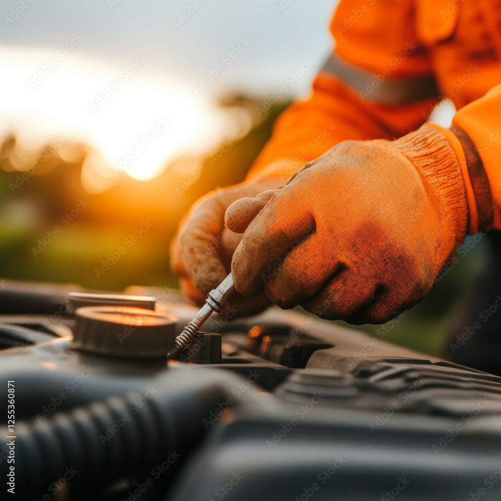 Poster industrial repair expertise mechanic with gloves diagnoses vehicle systems using high-tech tools for