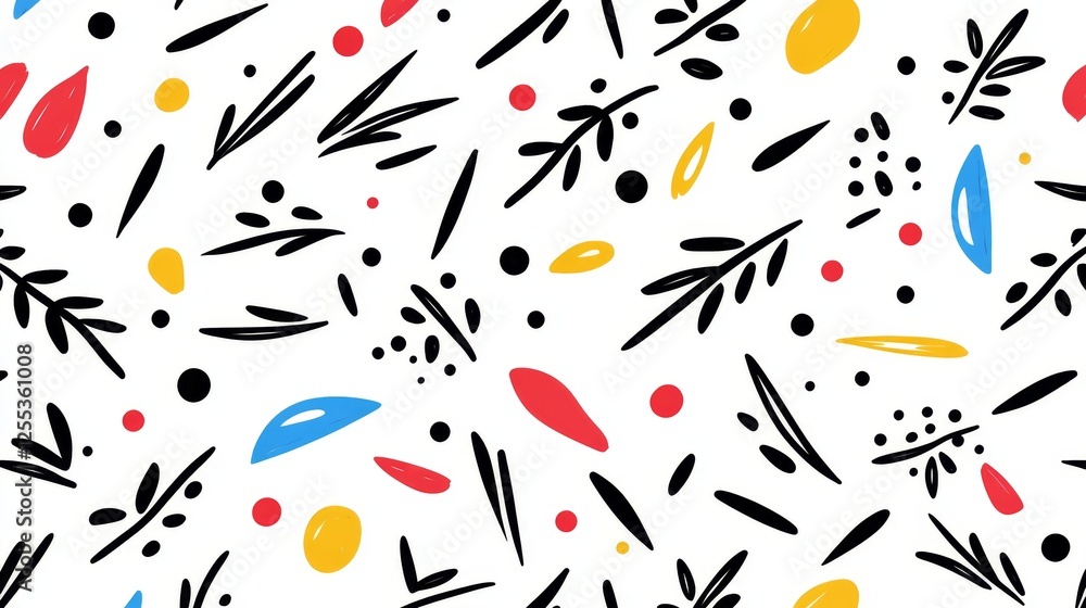 Poster abstract pattern with sprigs dots and dashes in various colors on a white background