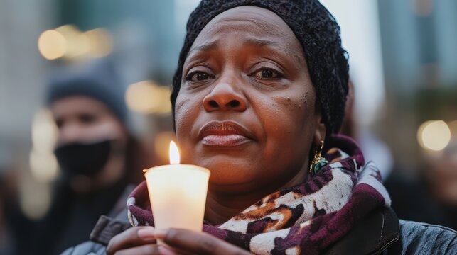 A close-up of a Black woman hands holding a candle at a peaceful protest vigil