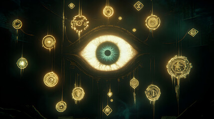 eye with a deep, glowing pupil, revealing a parallel universe where time flows in reverse 