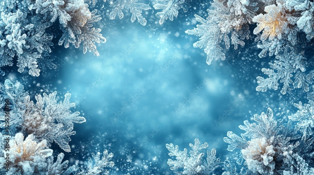 Poster frosty winter themed frame with glowing ice crystal patterns on cool gradient background