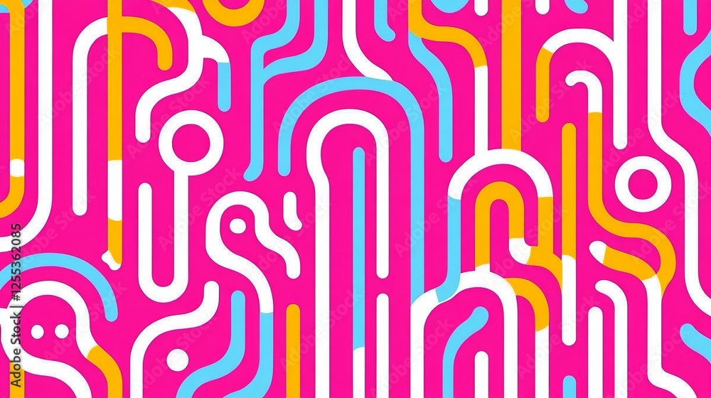 Poster abstract pink pattern with yellow blue and white lines intertwining creating a complex design